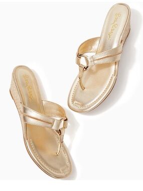 Lilly Pulitzer McKim Genuine Leather  Gold Metallic Sandals Flip Flop Wedges 7